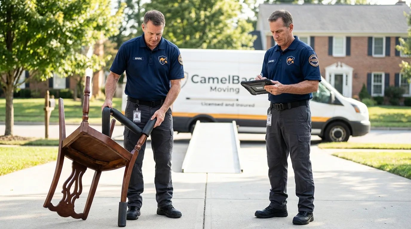 Movers inspecting furniture for damage prevention before loading in Coldwater, KS