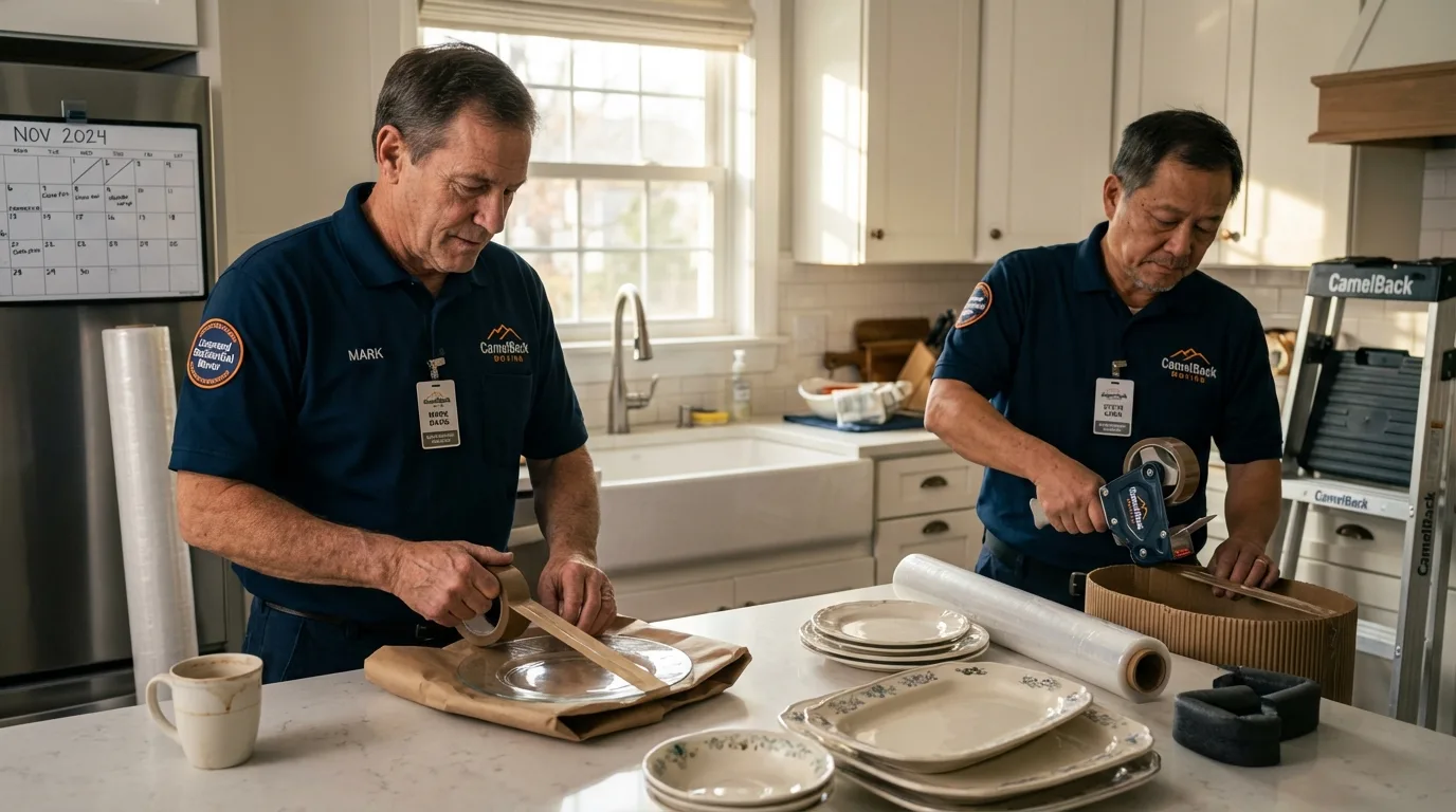 Professional crew packing kitchen dishware in Coldwater, KS